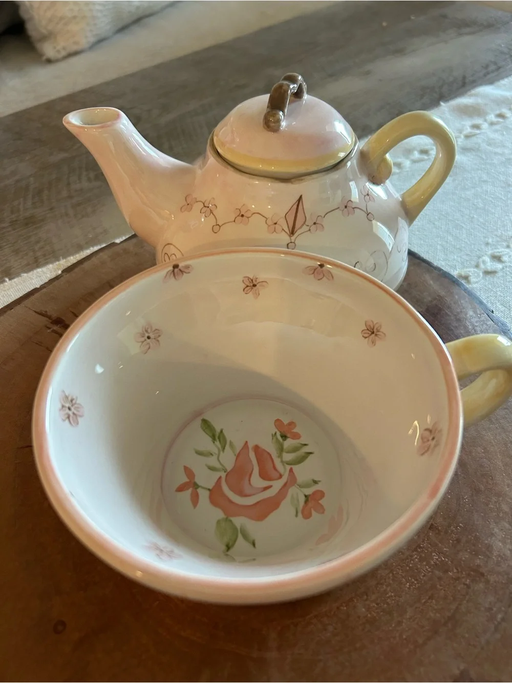 Vintage Fairy Pink Floral Porcelain Teapot and Cup Set With Handmade Design